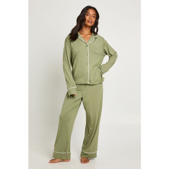 Petite Piping Detail Long Sleeve Shirt & Trouser Pyjama Set