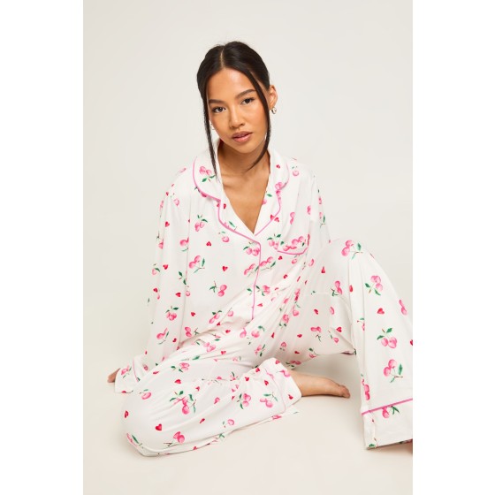 Petite Cherry Print Long Sleeve Shirt & Trouser 3 Piece Pyjama Set