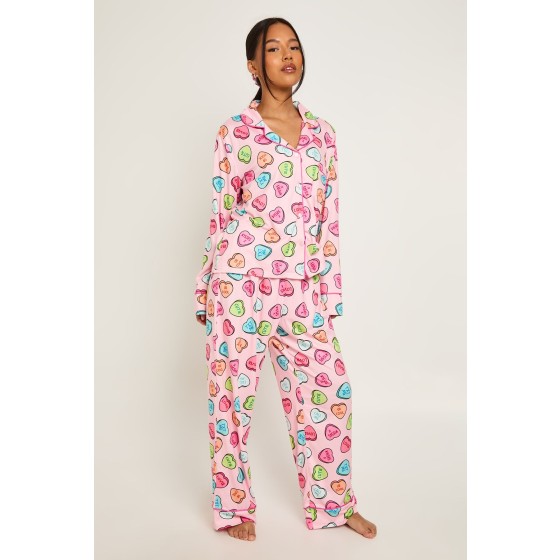 Petite Valentines Love Heart Print Long Sleeve Shirt & Trouser 3 Piece Set