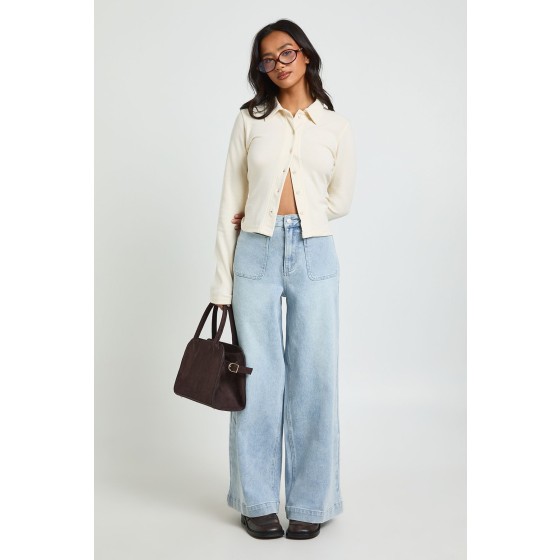 Petite High Waist Front Pocket Wide Leg Jean