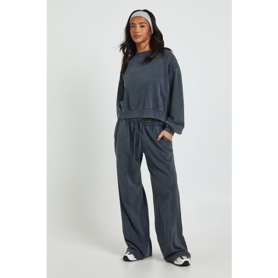 Petite Washed Ribbed Detail Straight Leg Tracksuit