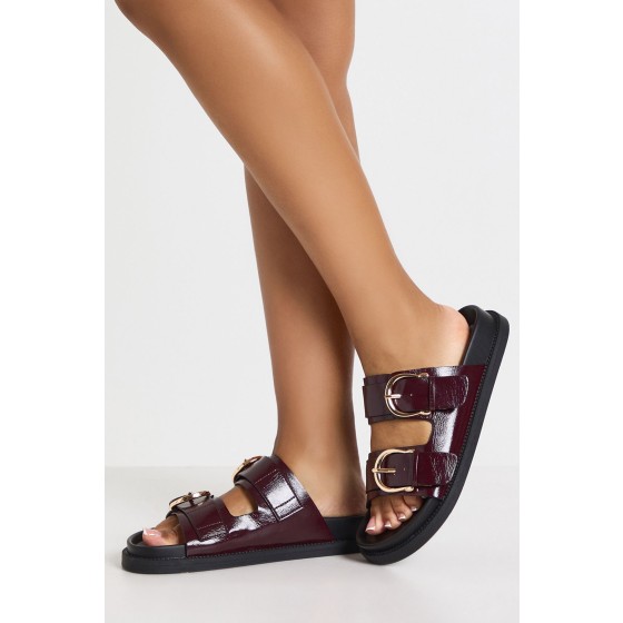 Double Strap Gold Buckle Detail PU Sliders