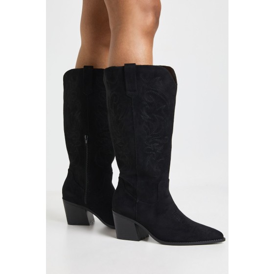 Wide Fit Embroidered Faux Suede Western Boots