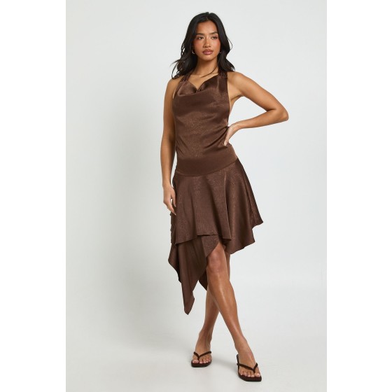 Petite Textured Satin Cowl Neck Mini Dress