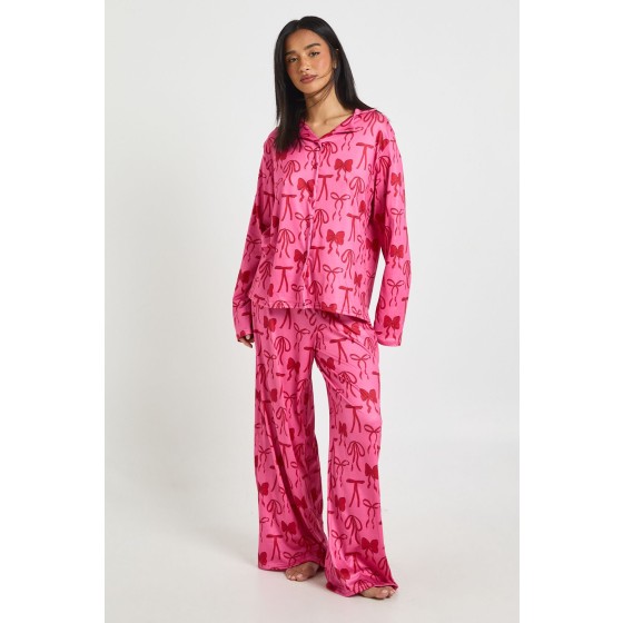 Petite Mixed Bow Print Long Sleeve Top & Trousers Pyjama Set