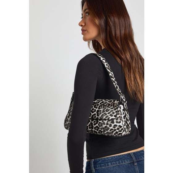 Leopard Print Structured Fold Over Shoulder Bag