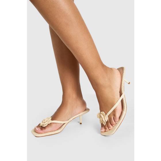 Crochet Flower Detail Low Stiletto Toe Post Heeled Mules
