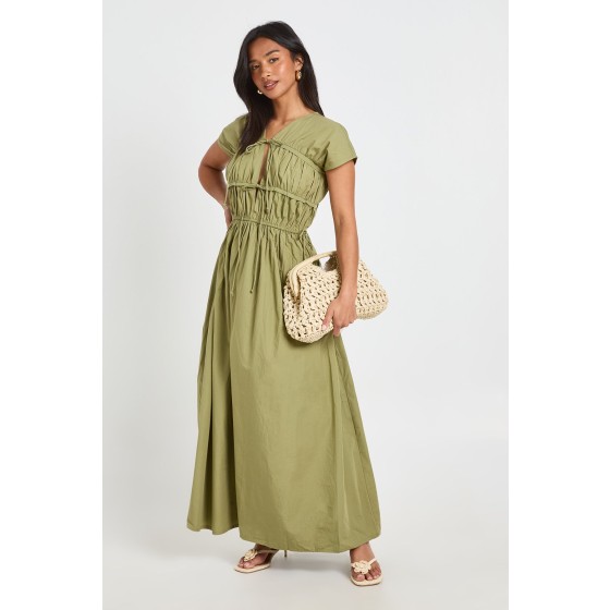 Petite Cotton Poplin Shirred Front Tie Maxi Dress