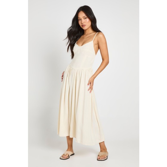 Petite Premium Linen Corset Detail Midi Skater Dress