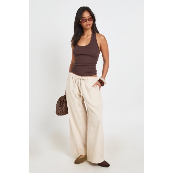 Petite Chambray Drawcord Wide Leg Trousers