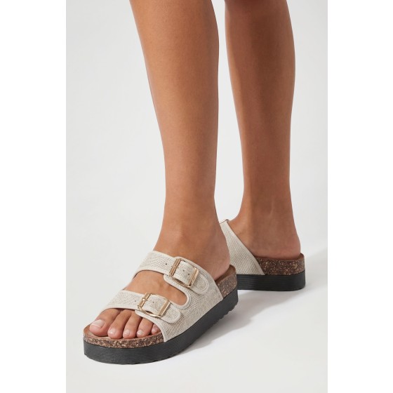 Contrast Detail Double Buckle Flatform Sliders