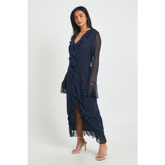Petite Chiffon Polka Dot Ruffle Detail Midi Dress