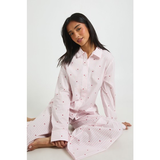 Petite Cotton Poplin Pinstripe Heart Print Long Sleeve Shirt & Trouser Pyjama Set