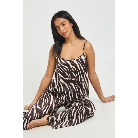 Petite Zebra Print Satin Cami & Wide Leg Trouser Pyjama Set