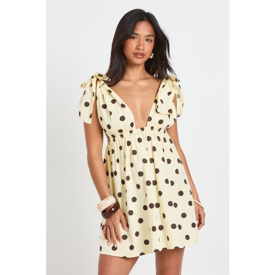 Petite Polka Dot Cotton Poplin Tie Shoulder Mini Dress