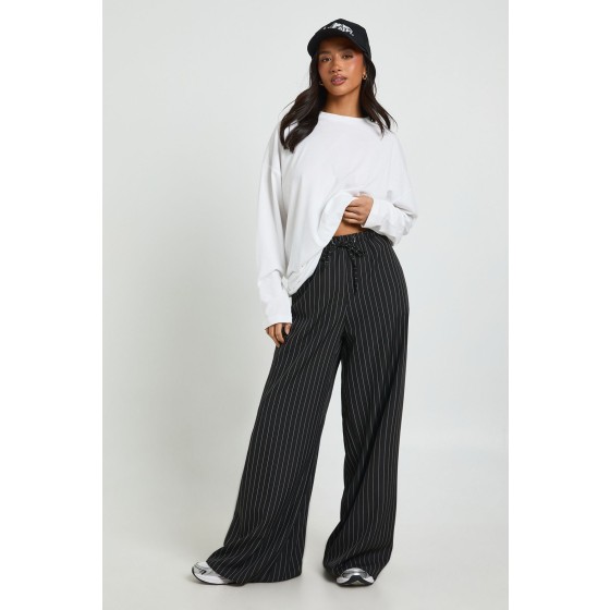 Petite Drawstring Stripe Wide Leg Trousers