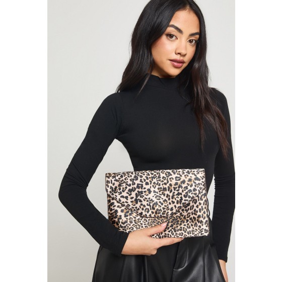 Leopard Print Satin Fold Over Structured Clutch Bag