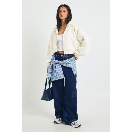 Petite Boxy Balloon Sleeve Oversized Zip Through Hoodie