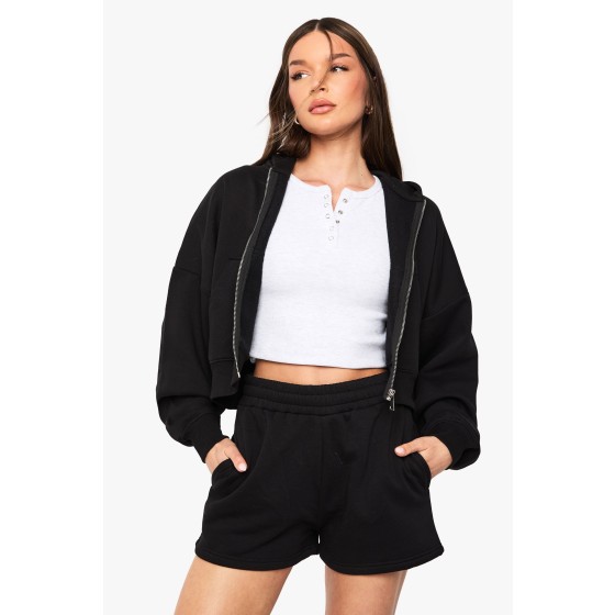 Petite Boxy Balloon Sleeve Oversized Zip Through Hoodie