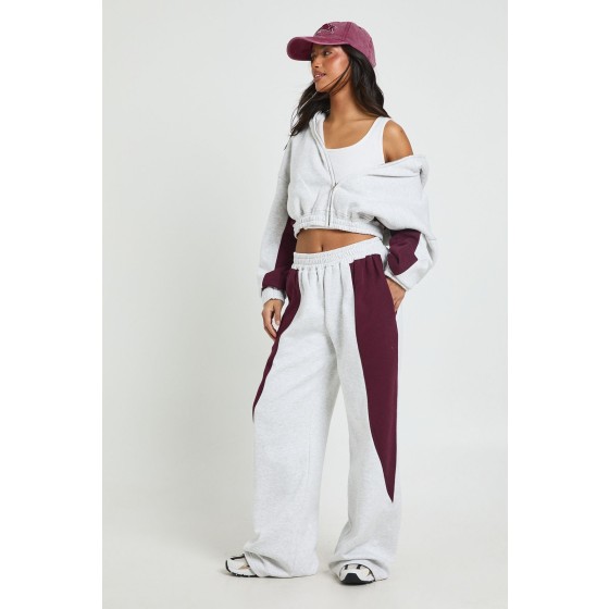Petite Contrast Panel Zip Through Hoodie Wide Leg Jogger Tracksuit