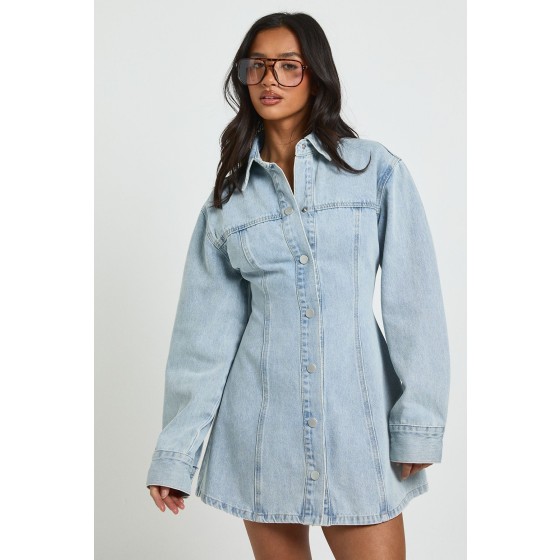 Petite Long Sleeve Cinched Waist Denim Dress