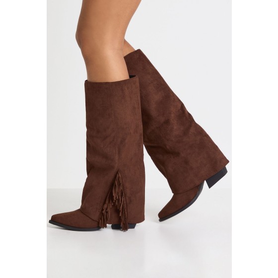 Faux Suede Fringe Detail Fold Over Knee High Western Boots