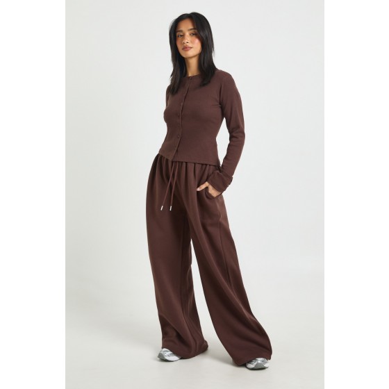 Petite Rib Button Through Long Sleeve Top Tracksuit