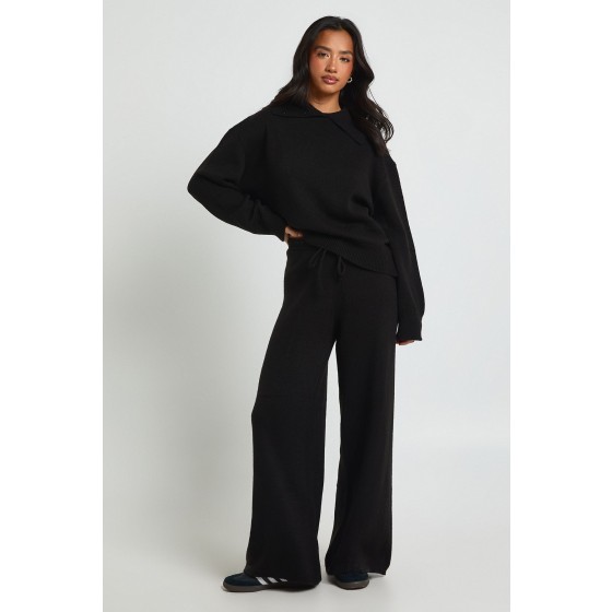 Petite Chunky Knit Collar Detail Oversized Jumper and Wide Leg Trouser Co-Ord
