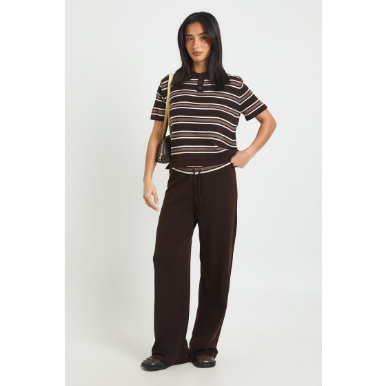 Petite Placket Collar Short Sleeve Stripe Knitted Top And Trouser
