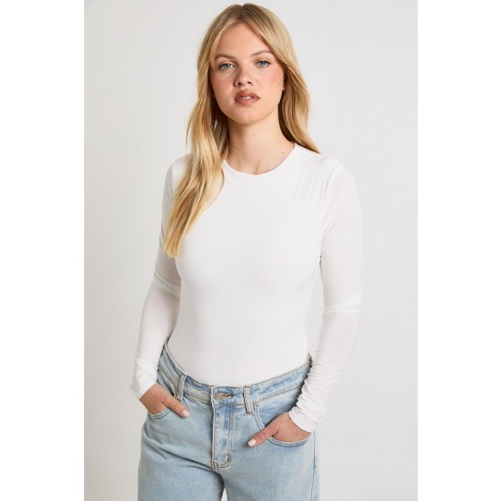 Petite Double Layer Slinky Long Sleeve Crew Neck Bodysuit