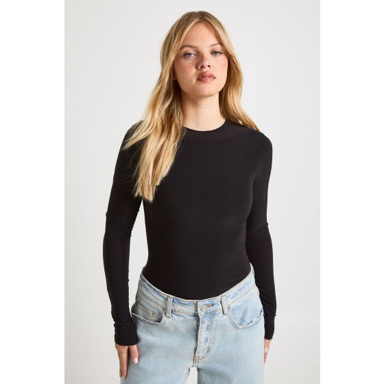 Petite Double Layer Slinky Long Sleeve Crew Neck Bodysuit
