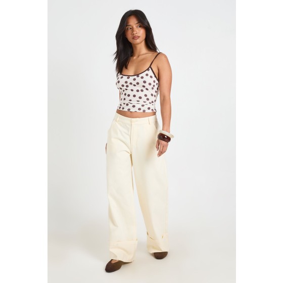 Petite Turn Up Hem Twill Wide Leg Trousers