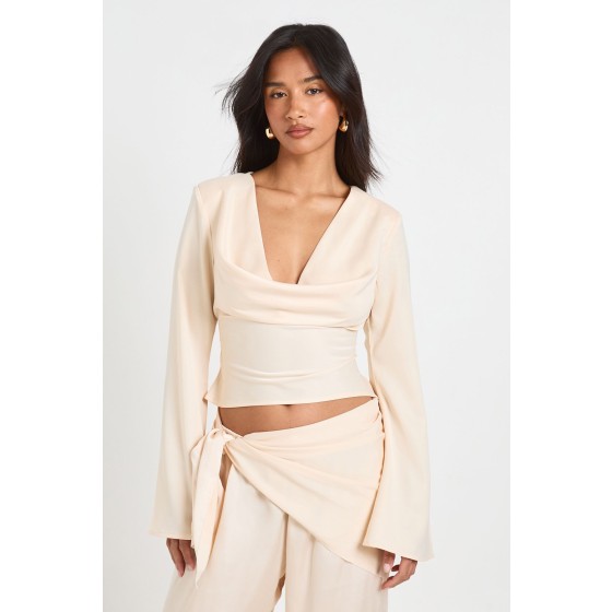Petite Long Sleeve Satin Cowl Neck Top