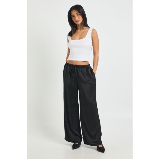 Petite Satin Elasticated Waist Wide Leg Trouser
