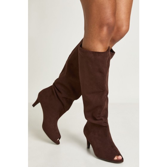 Faux Suede Peep Toe Low Stiletto Knee High Boots