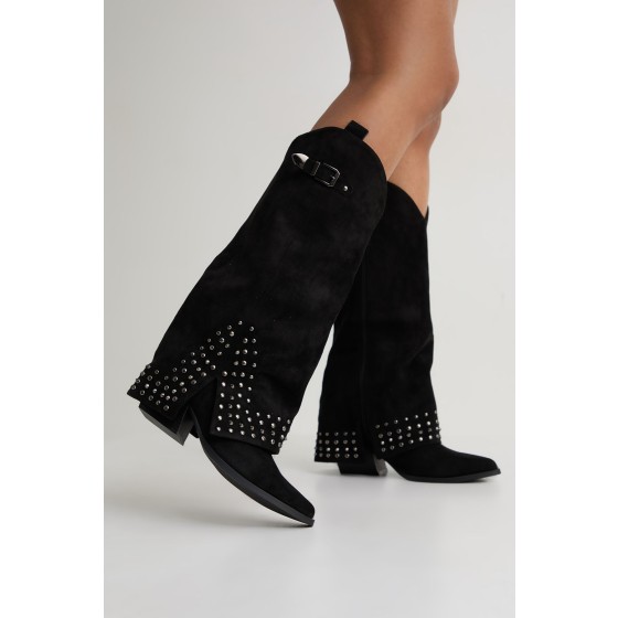 Faux Suede Fold Over Stud Detail Western Boots