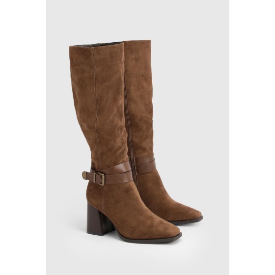 Faux Suede Buckle Detail Block Heel Knee High Boots