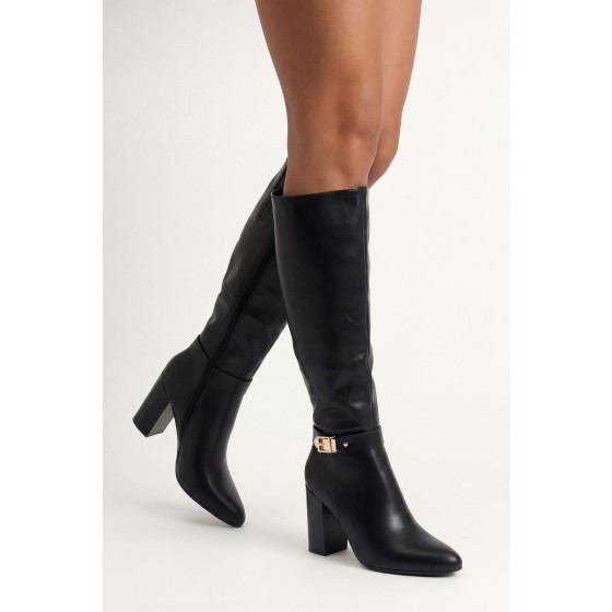 Buckle Detail High Block Knee High Boots