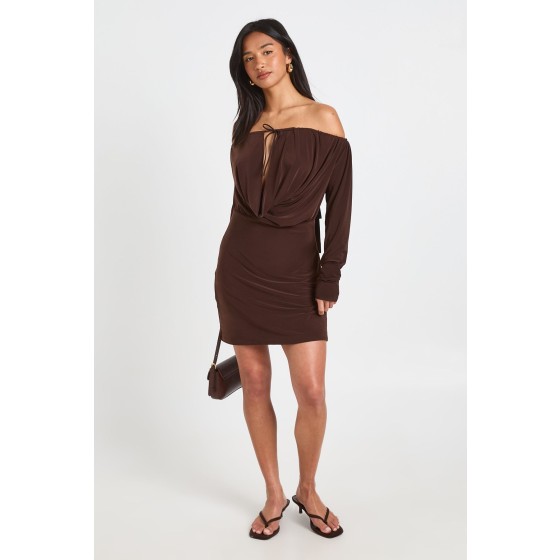 Petite Slinky Bardot Drape Front Bodycon Dress