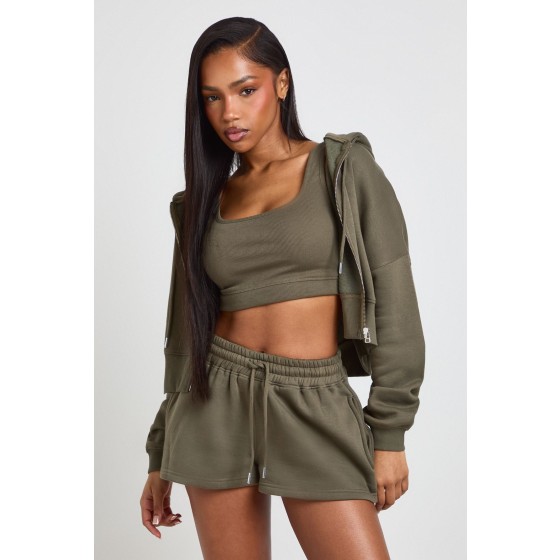Petite Deep Hem 3 Piece Crop Zip Through Short Tracksuit