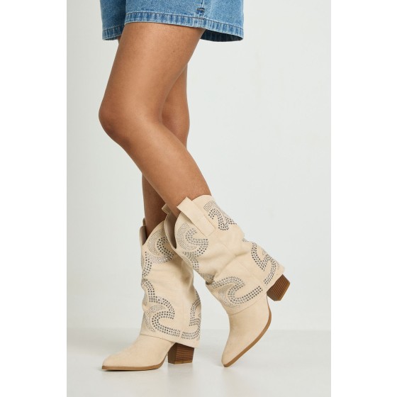 Faux Suede Fold Over Stud Detail Western Boots