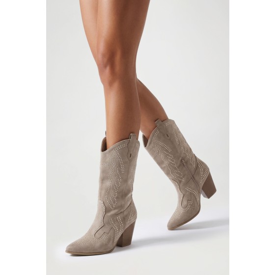 Faux Suede Stud Detail Western Boots