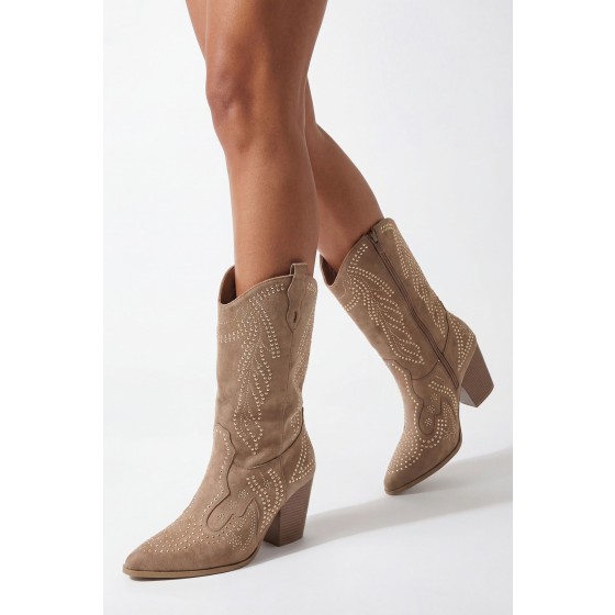 Faux Suede Stud Detail Western Boots