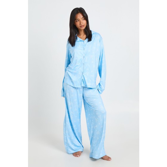 Petite Martini & Bow Print Long Sleeve Shirt and Trouser Pyjama Set