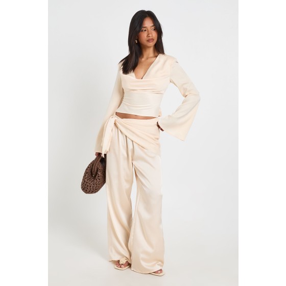 Petite Satin Tie Waist Wide Leg Trouser