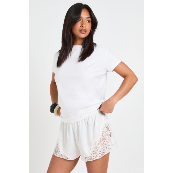 Petite Satin Lace Trim Runner Short