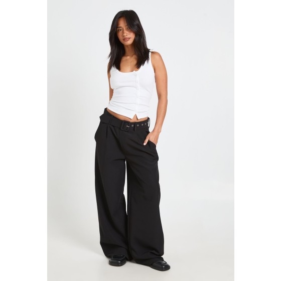 Petite Self Fabric Belted Wide Leg Trouser