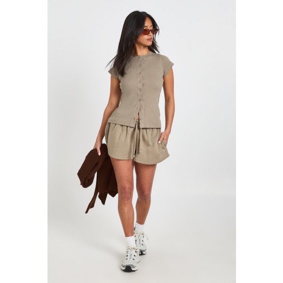 Petite Ribbed Button Through Cap Sleeve Top And Short Tracksuit
