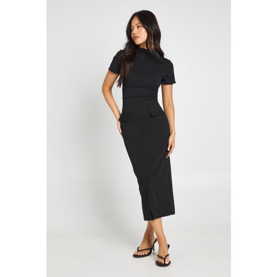 Petite Crepe High Neck Pocket Detail Midi Dress