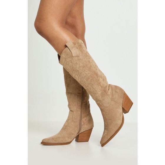 Faux Suede Embroidered Knee High Western Boots